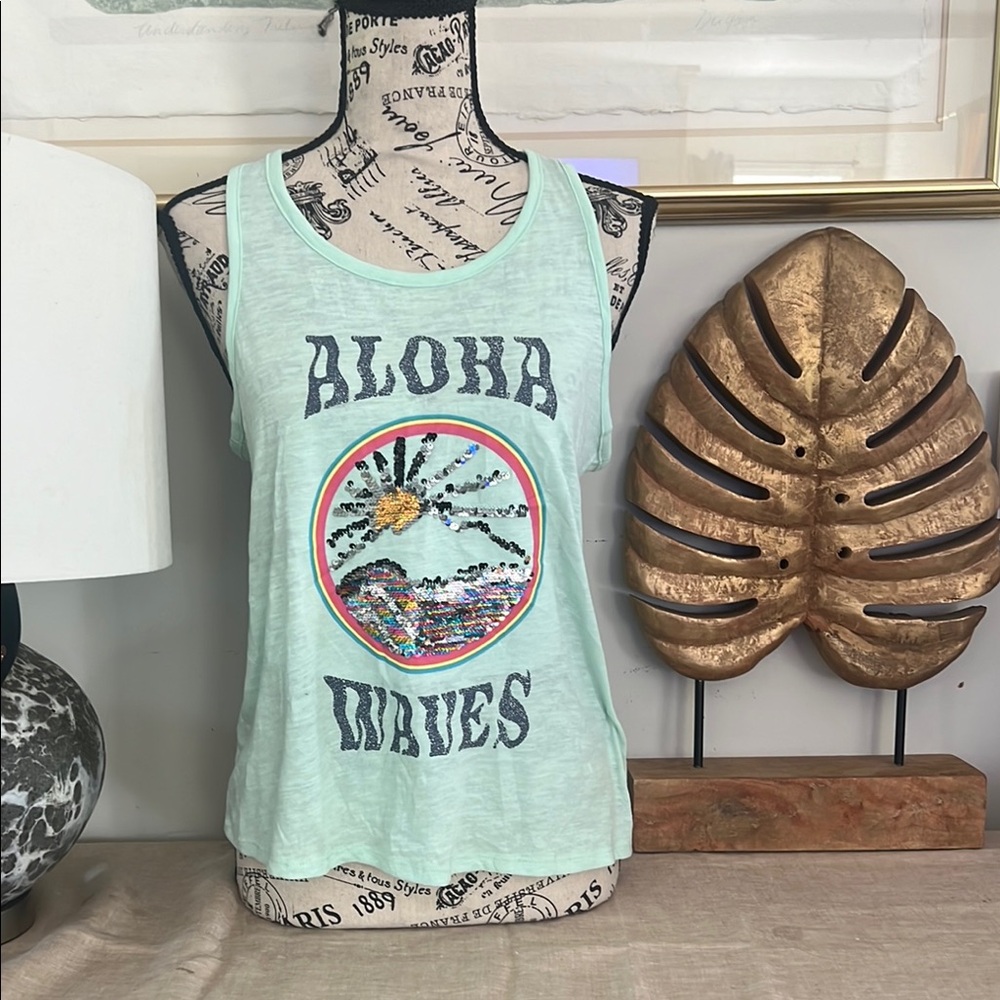 SO Mint Green Aloha Waves Tank Top